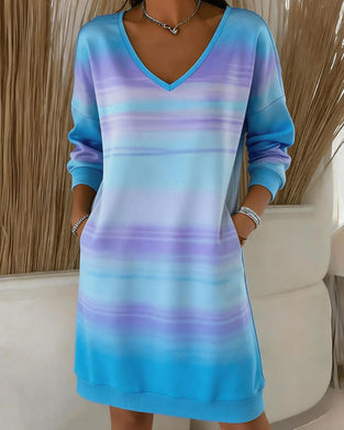 V-Neck Striped Color-Block Gradient Pocket Dress