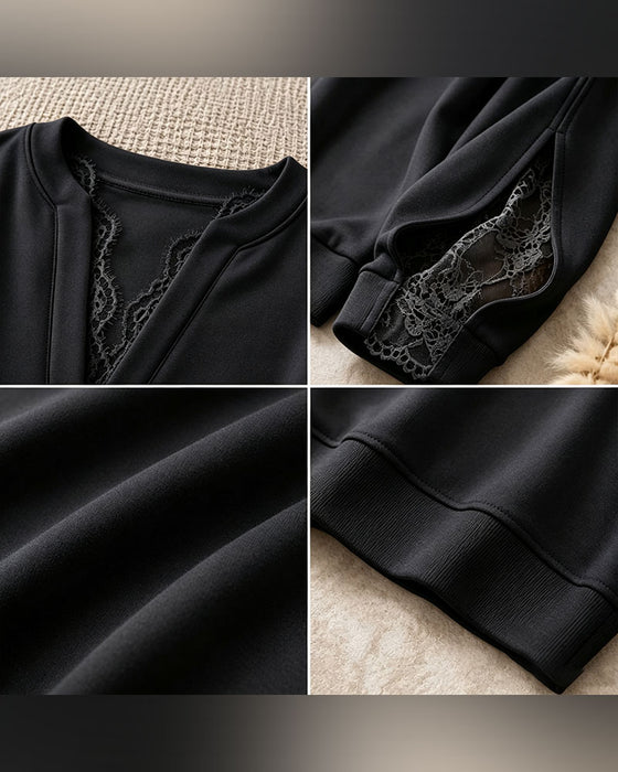 V-Neck Slit Lace Patchwork Sweatshirt
