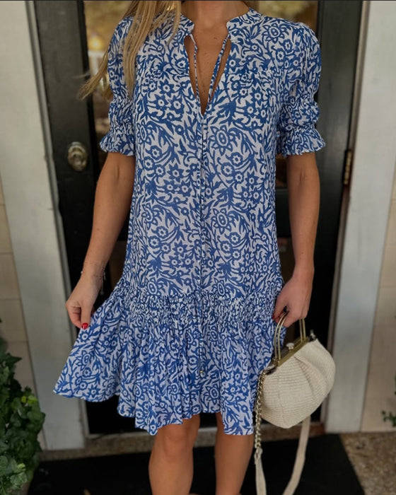 Tie-Up Puff Sleeve Printed Dress