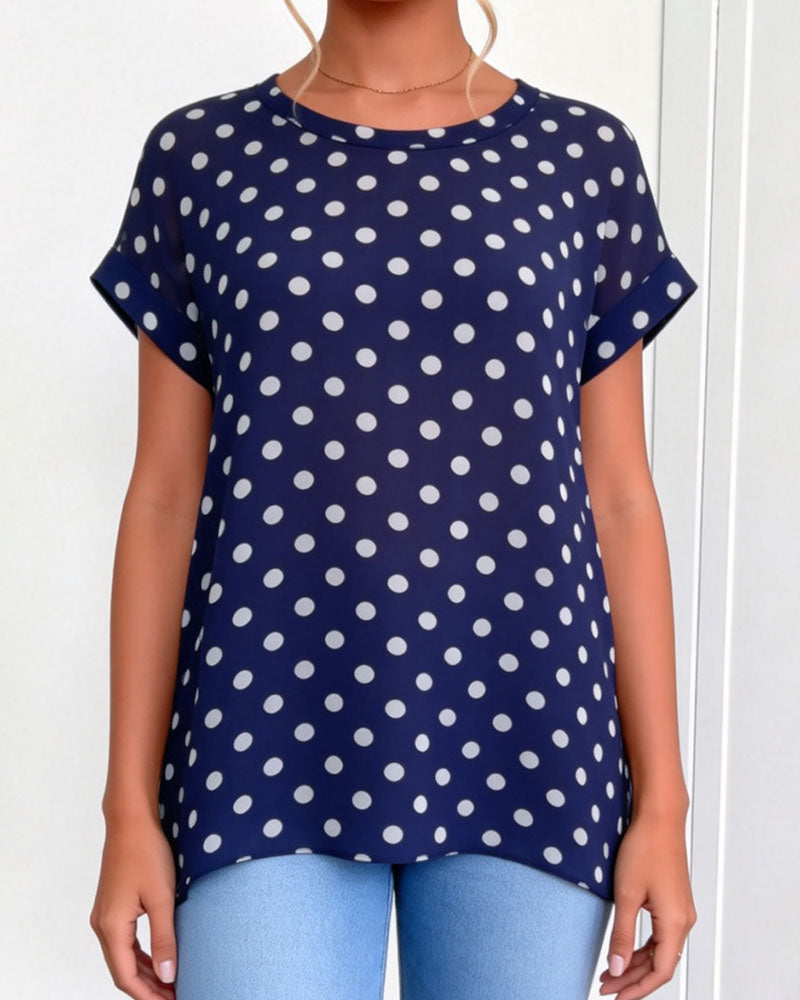 Polka Dot Back Pleated Color Block Blouses