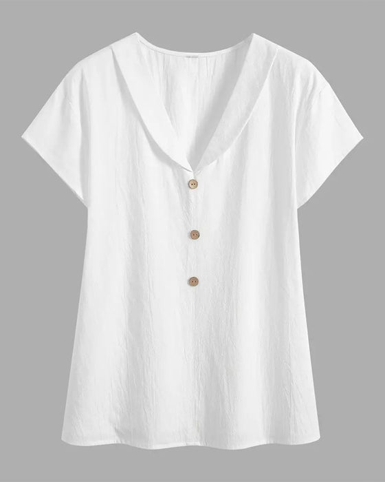 Lapel Solid Color Button Short Sleeve Blouse