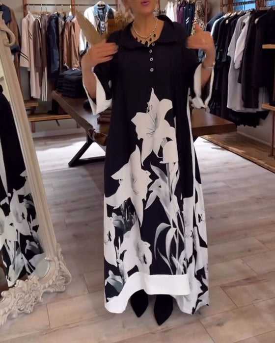 Lapel Printed Oversized Maxi Dress