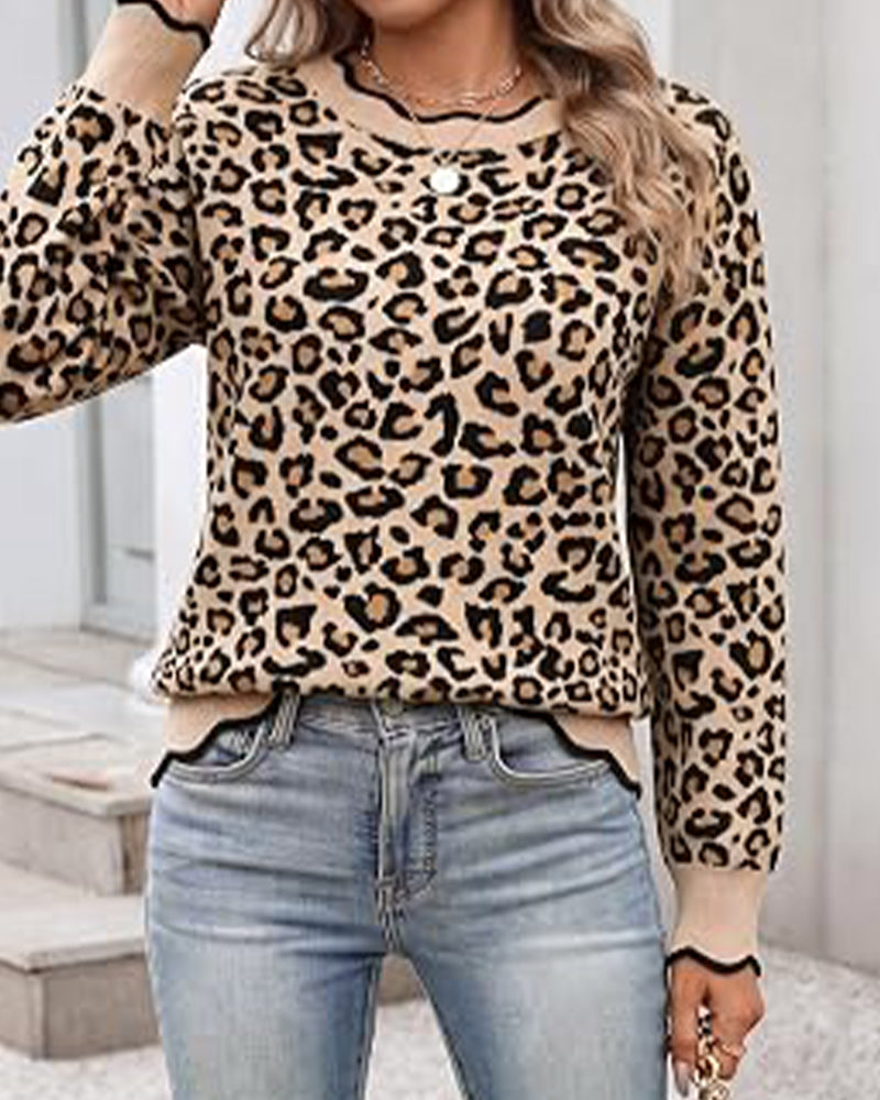 Round Neck Leopard Print Pullover