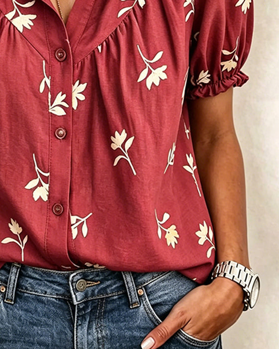 Bubble Sleeve Casual Shirred Blouse