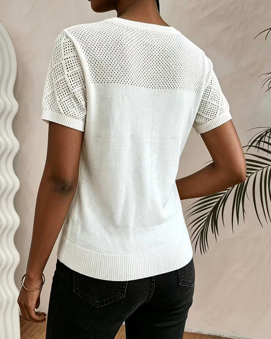 Solid Color Hollow Out V Neck Slim Fit Pullovers