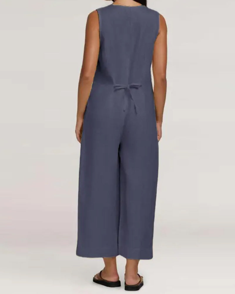 V-Neck Single-Breasted Sleeveless Jumpsuit