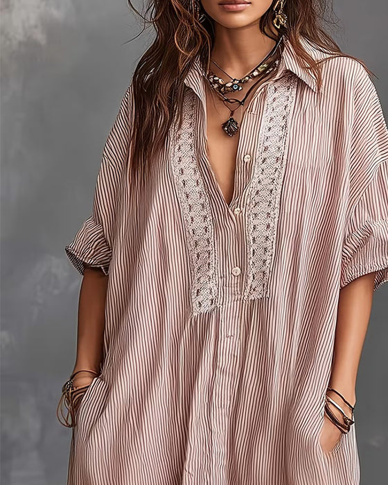 Lapel Stripe Patchwork Loose Dresses
