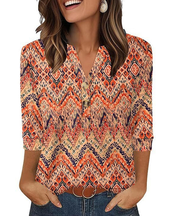 V-Neck Buttoned Three-Quarter Sleeve Blouse