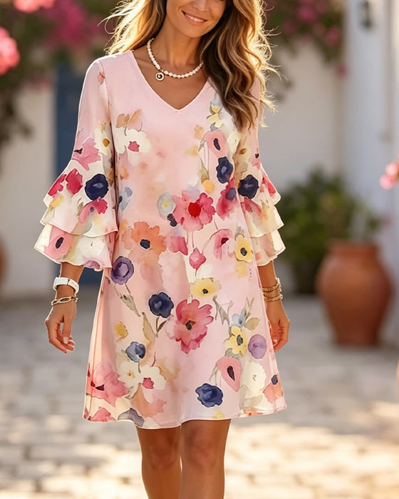 Watercolor Print Flare Sleeve Short Dress