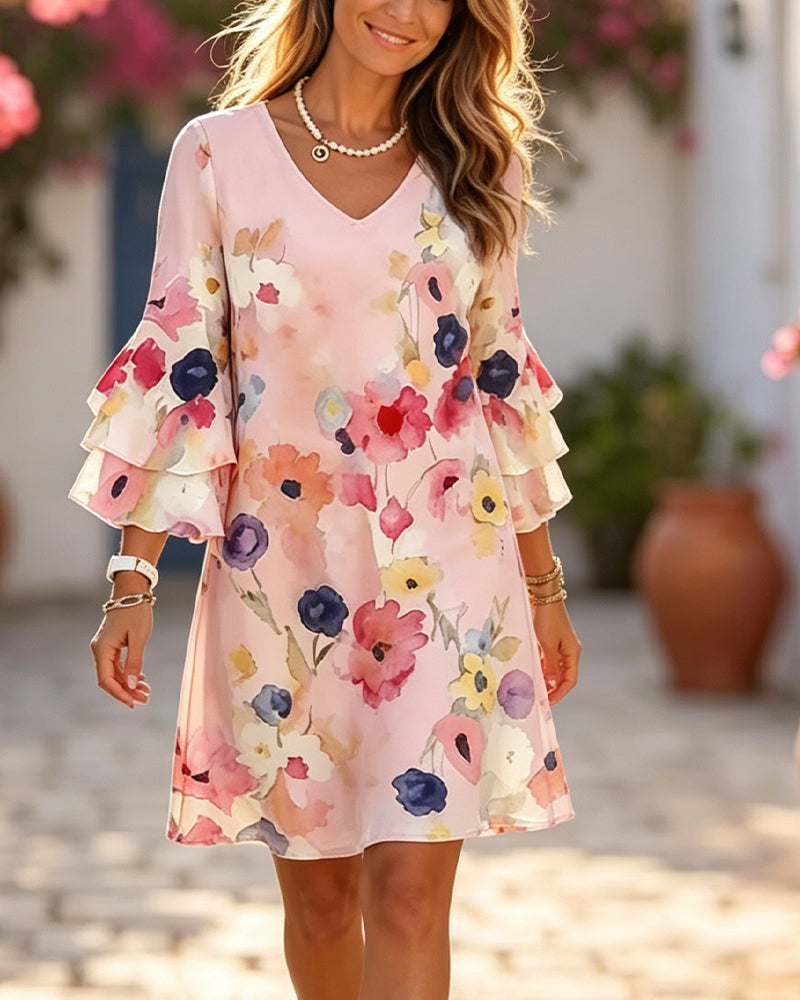 Watercolor Print Flare Sleeve Short Dress