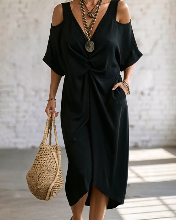 Solid Color Cold Shoulder Shirred Dress