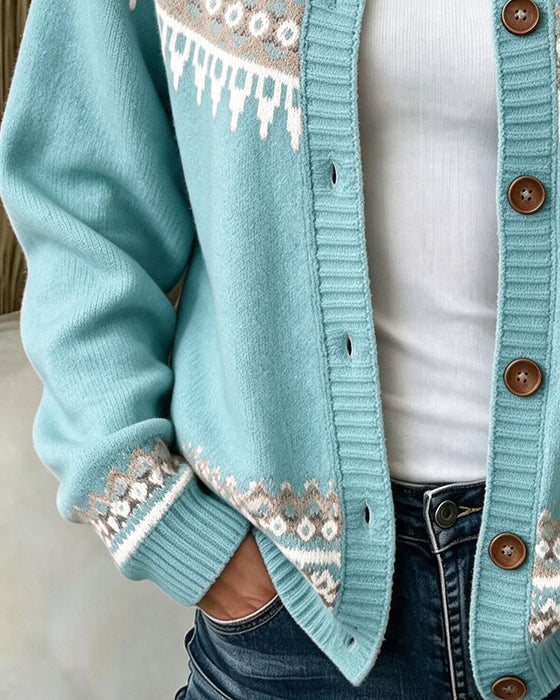 Printed Long-Sleeve Button-Front Cardigan