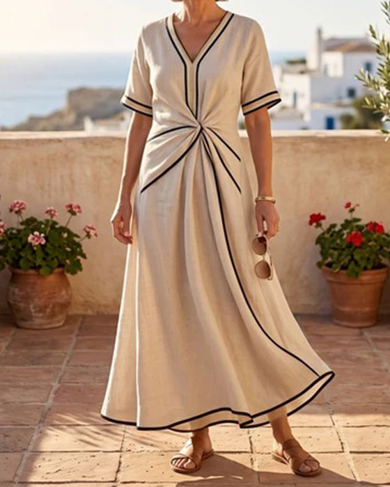 V-Neck Twist Line Full Skirt Dress