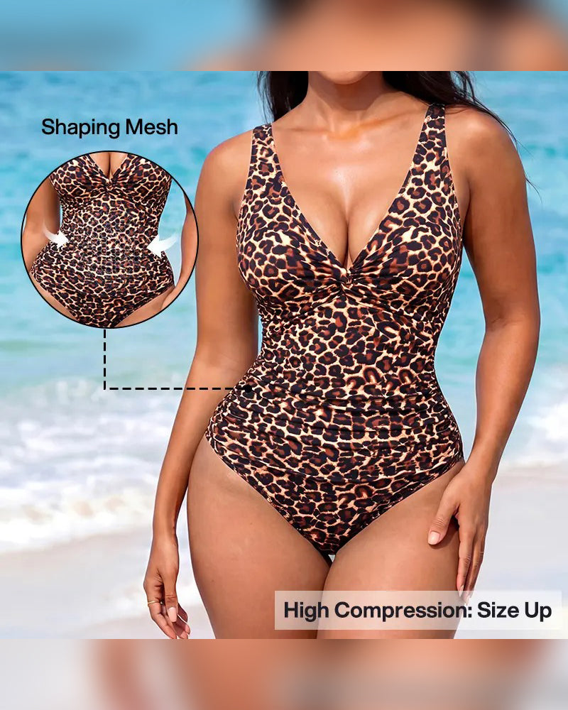 Front Twist Ruched Tummy Control One Piece Swimsuit