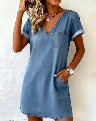Denim V-Neck Short-Sleeved Shift Dress