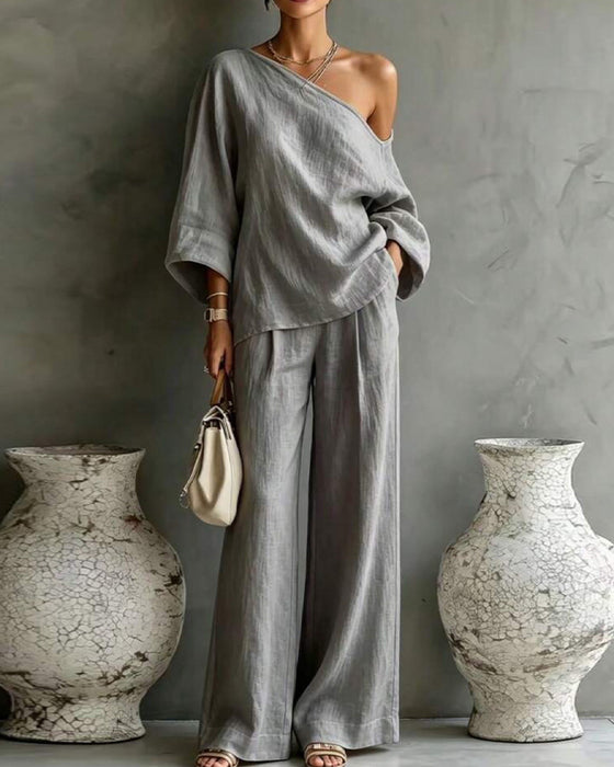 One-Shoulder Asymmetrical Wide Leg Pants Set