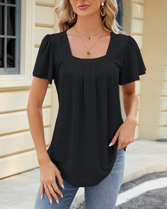 Square neck pleated short sleeve top