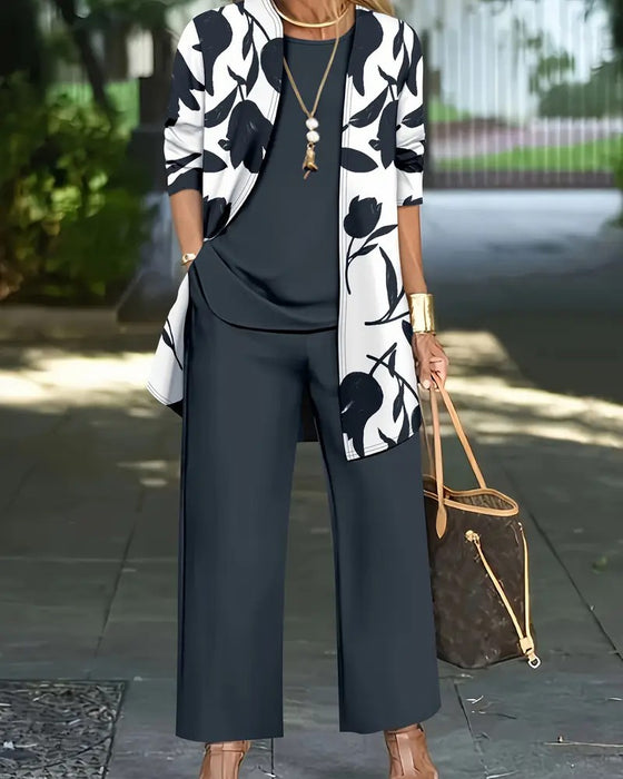 Layered Top Wide-Leg Pants Three-Piece Set