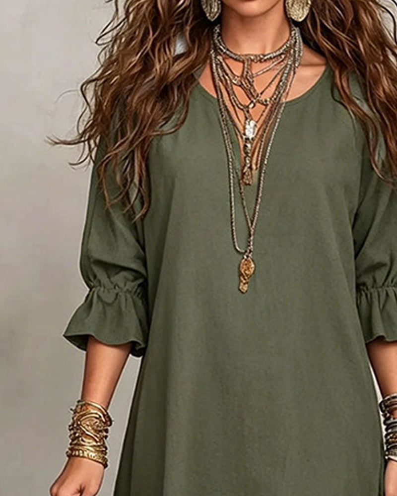 Casual V-Neck Ruffle Midi Dress