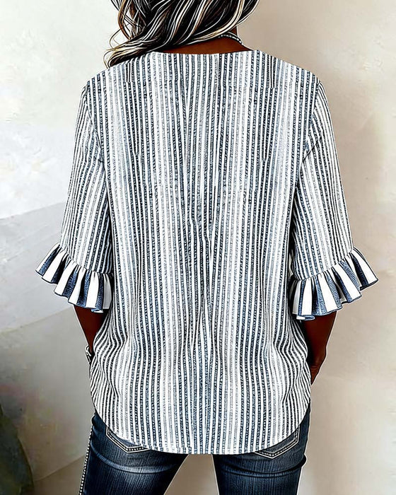 Striped Ruffle Sleeve Blouse