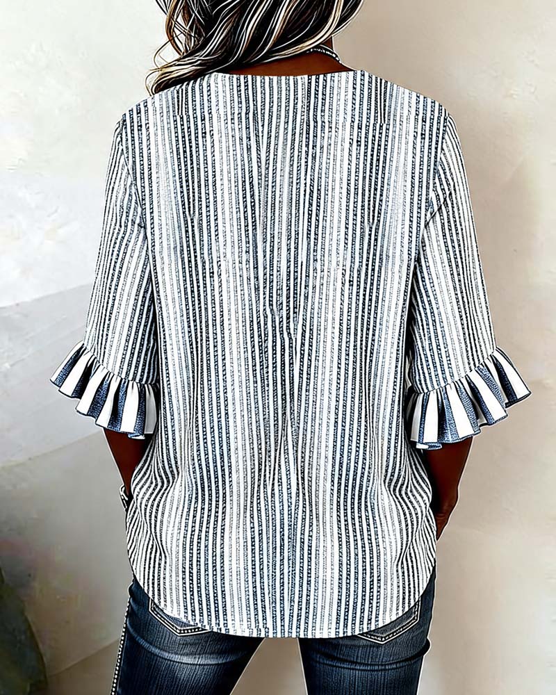 Striped Ruffle Sleeve Blouse