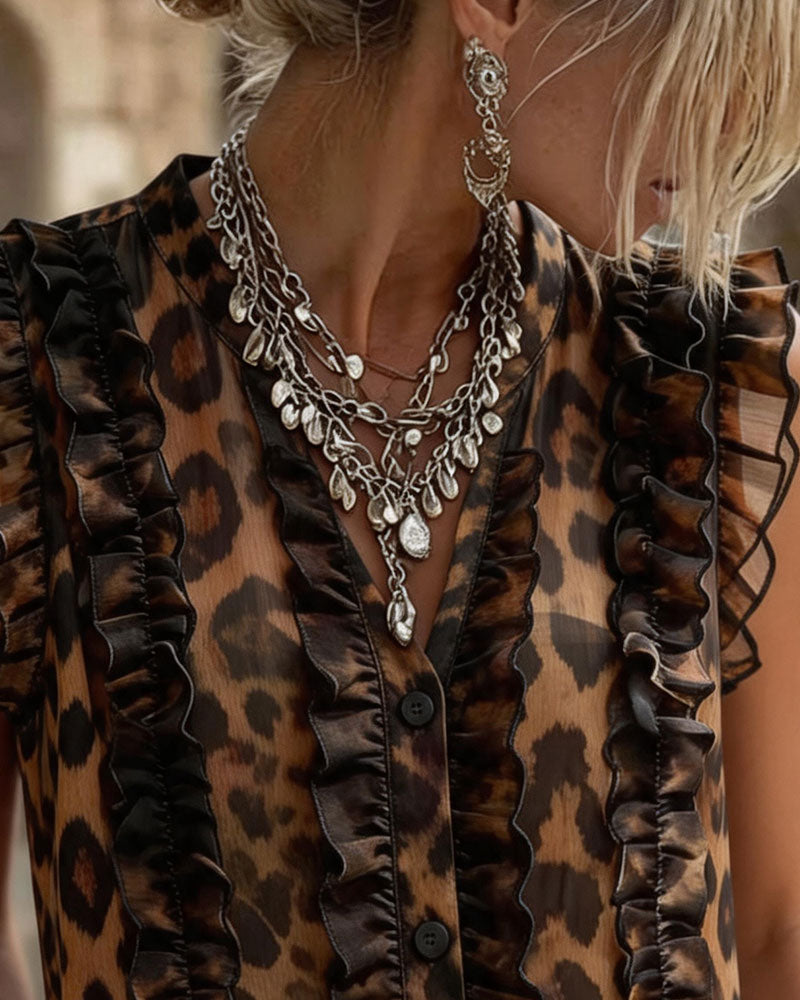Sleeveless Leopard Print Frill Tank Top