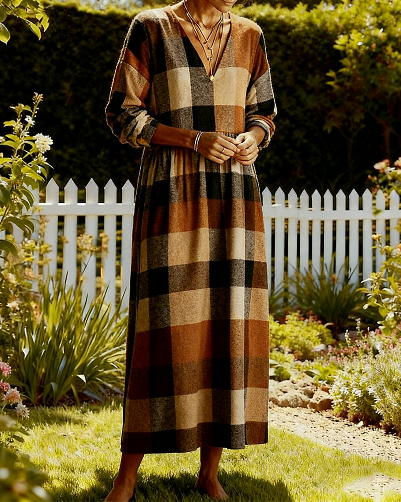 Fashionable Plaid V-Neck Dress