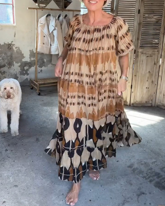 Off-Shoulder Square Neck Loose Print Dresses