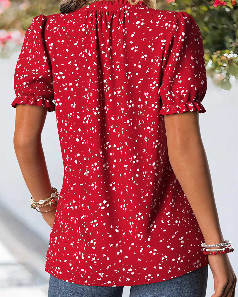 V-Neck Pleated Tiny Floral Blouse