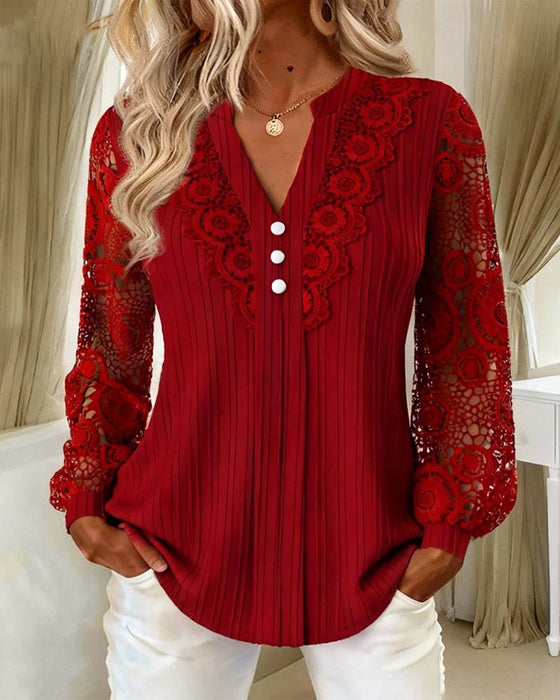 Lace Paneled Long-Sleeved V-Neck Blouse