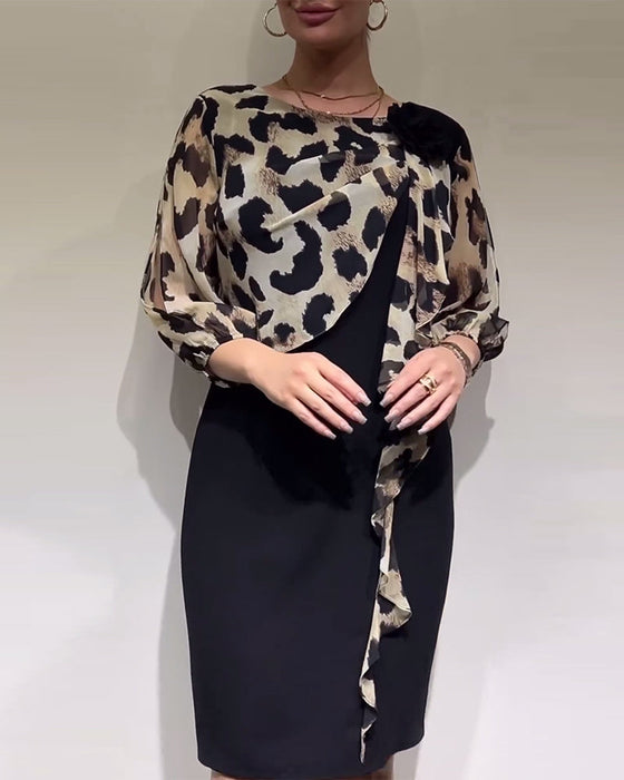 Leopard print splicing elegant dress