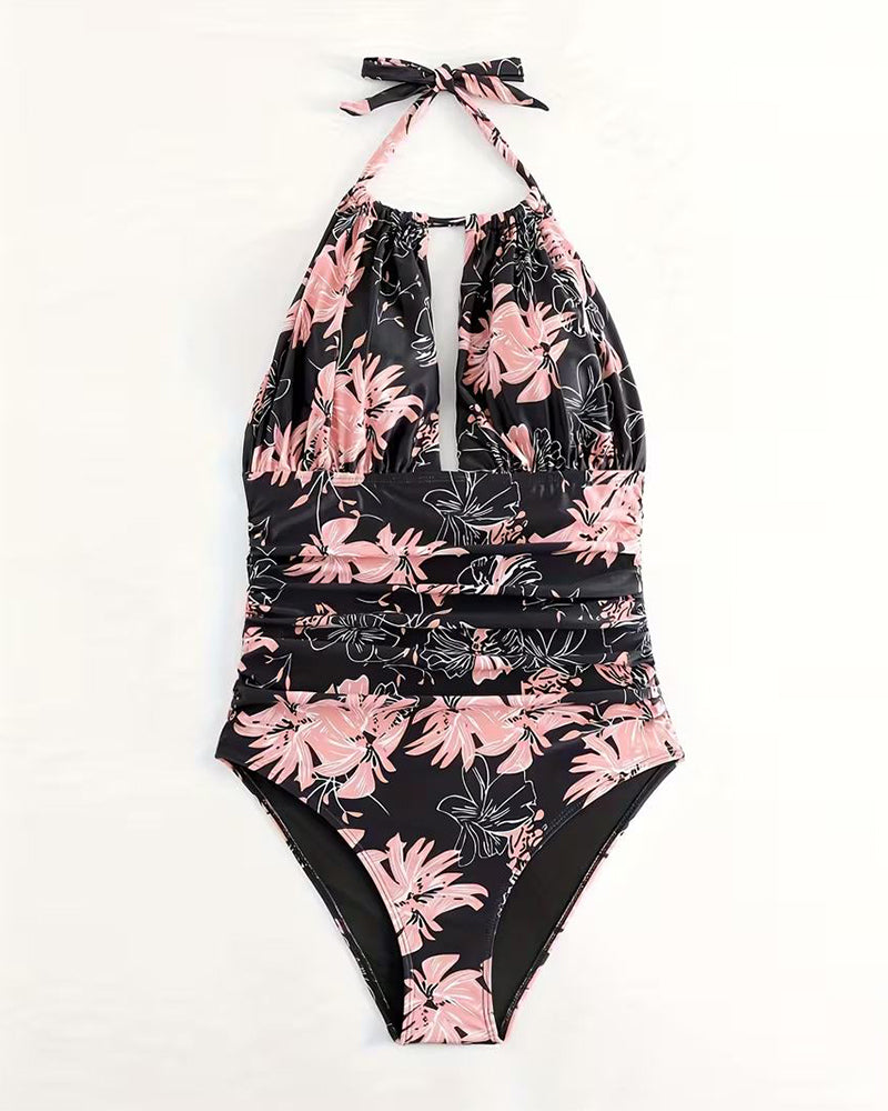 Halter-Neck Floral Print One-Piece Swimsuit