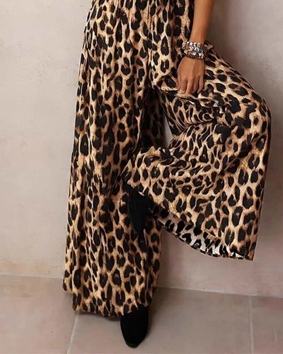Leopard Print High-Waist Wide-Leg Strap Jumpsuit