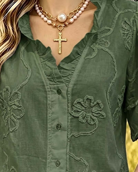 Fringed Hem Puff Sleeve Blouse