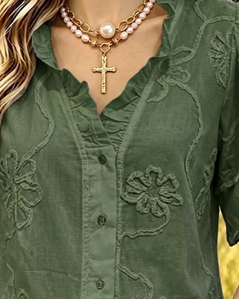 Fringed Hem Puff Sleeve Blouse