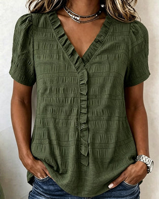 V-Neck Solid Color Blouse