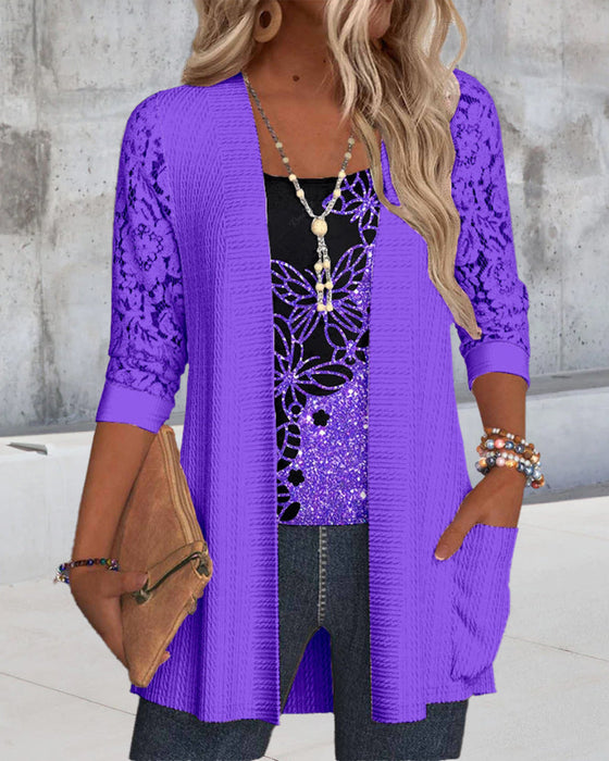 Casual butterfly lace patchwork pocket top