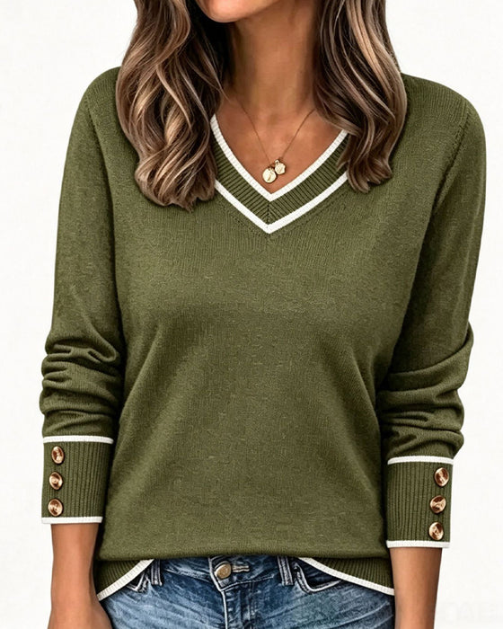 Colorblock V-Neck Trim Button Pullover