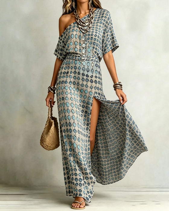 Off-Shoulder Polka Dot Slit Dress