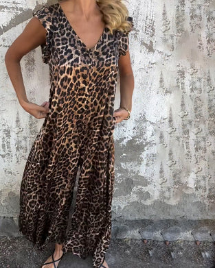 V-Neck Leopard Print Jumpsuit