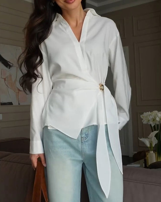 Solid Color Belted Blouse