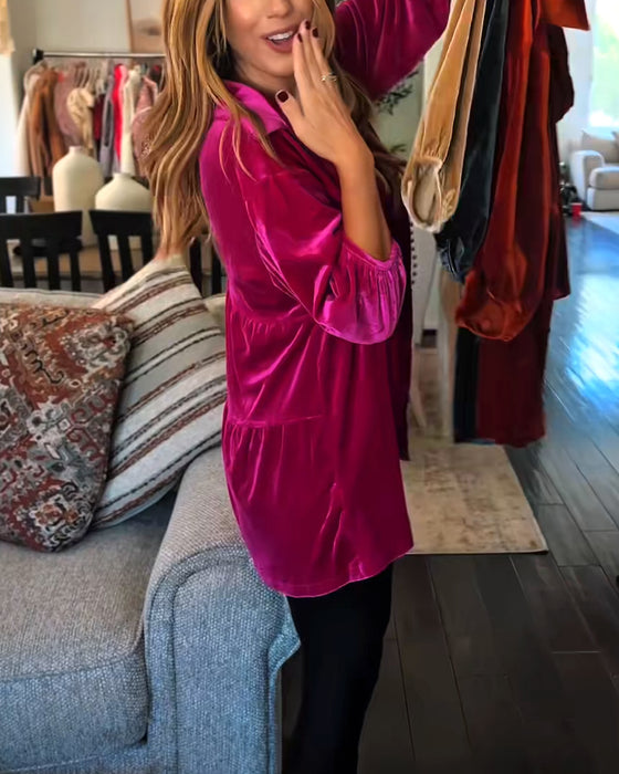 Loose-Fitting Velvet Three-Quarter Sleeve Blouse
