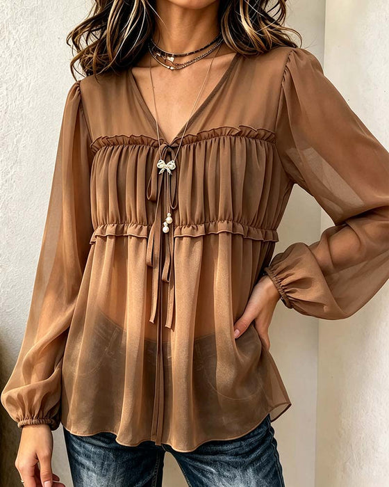 V-Neck Lantern Sleeve Pleated Blouse