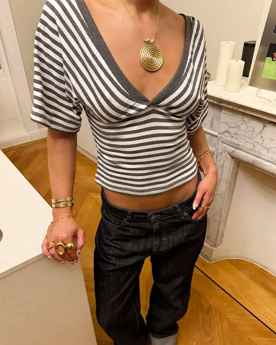 Deep V Striped Short-Sleeved T-Shirt