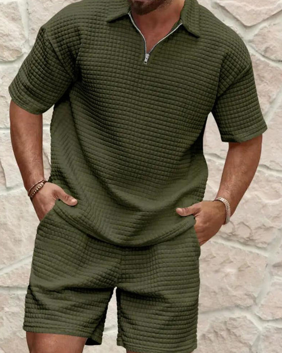Polo Collar Zip Waffle Texture Shorts Set