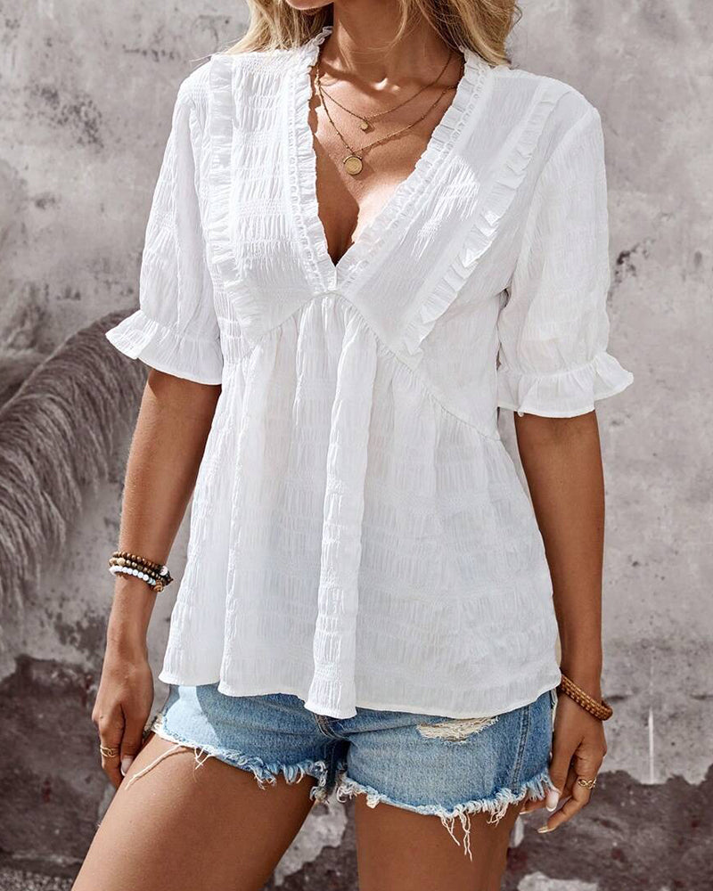 V-Neck Ruffle Solid Babydoll Blouse