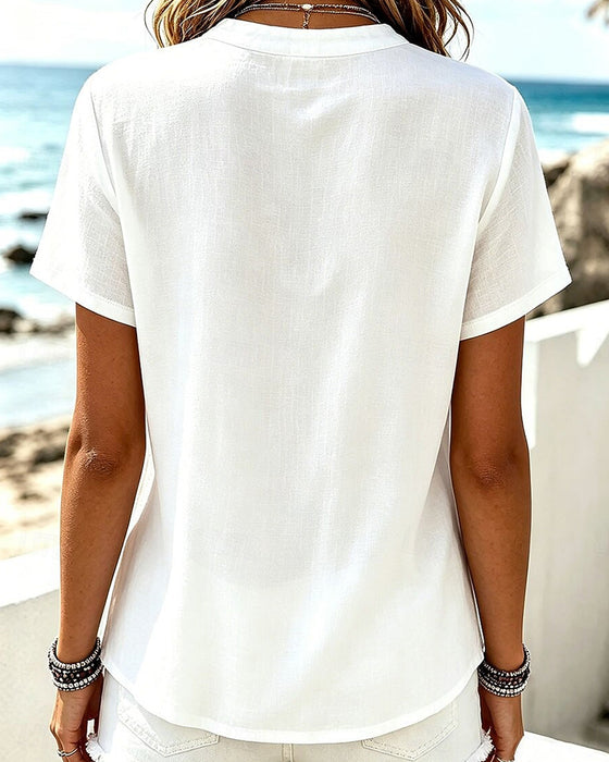 V-Neck Hollow Out Solid Blouse