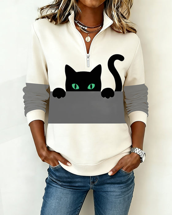 Half-Zip Cat Print Sweatshirt