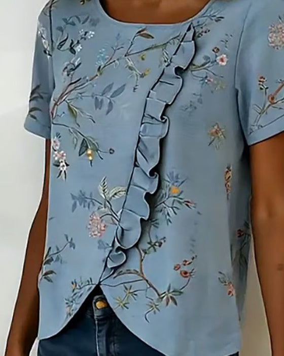 Crewneck Short Sleeve Ruffle Floral Blouse
