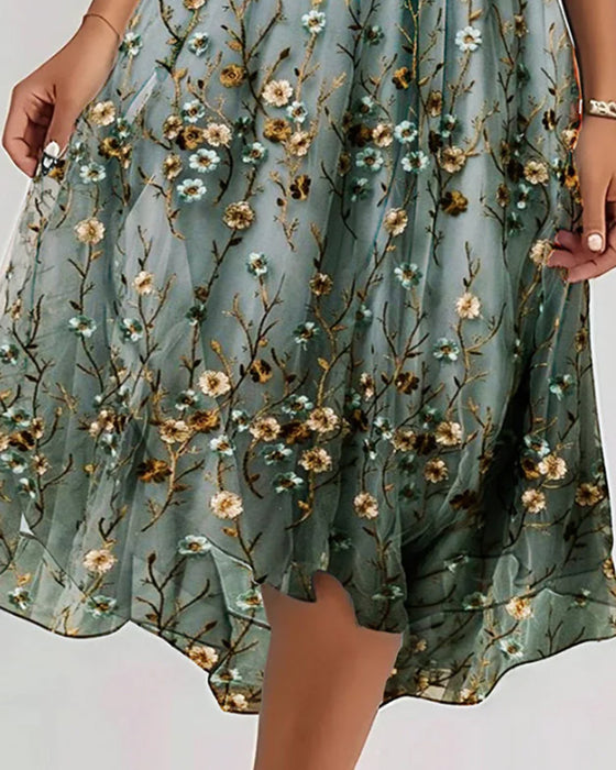 V-Neck Floral Cross High Waist Sheer Dress